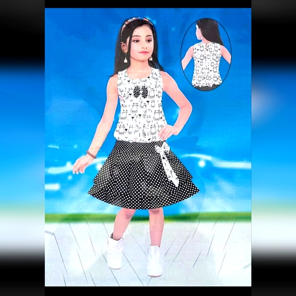 Girls Black & White Cat Pleated Skirt and Top Bow Outfit Easter Spring Set - Picture 1 of 1
